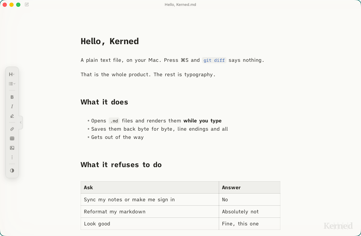 Hello, Kerned.md open in Kerned: a short list, a table, and the line that says git diff says nothing